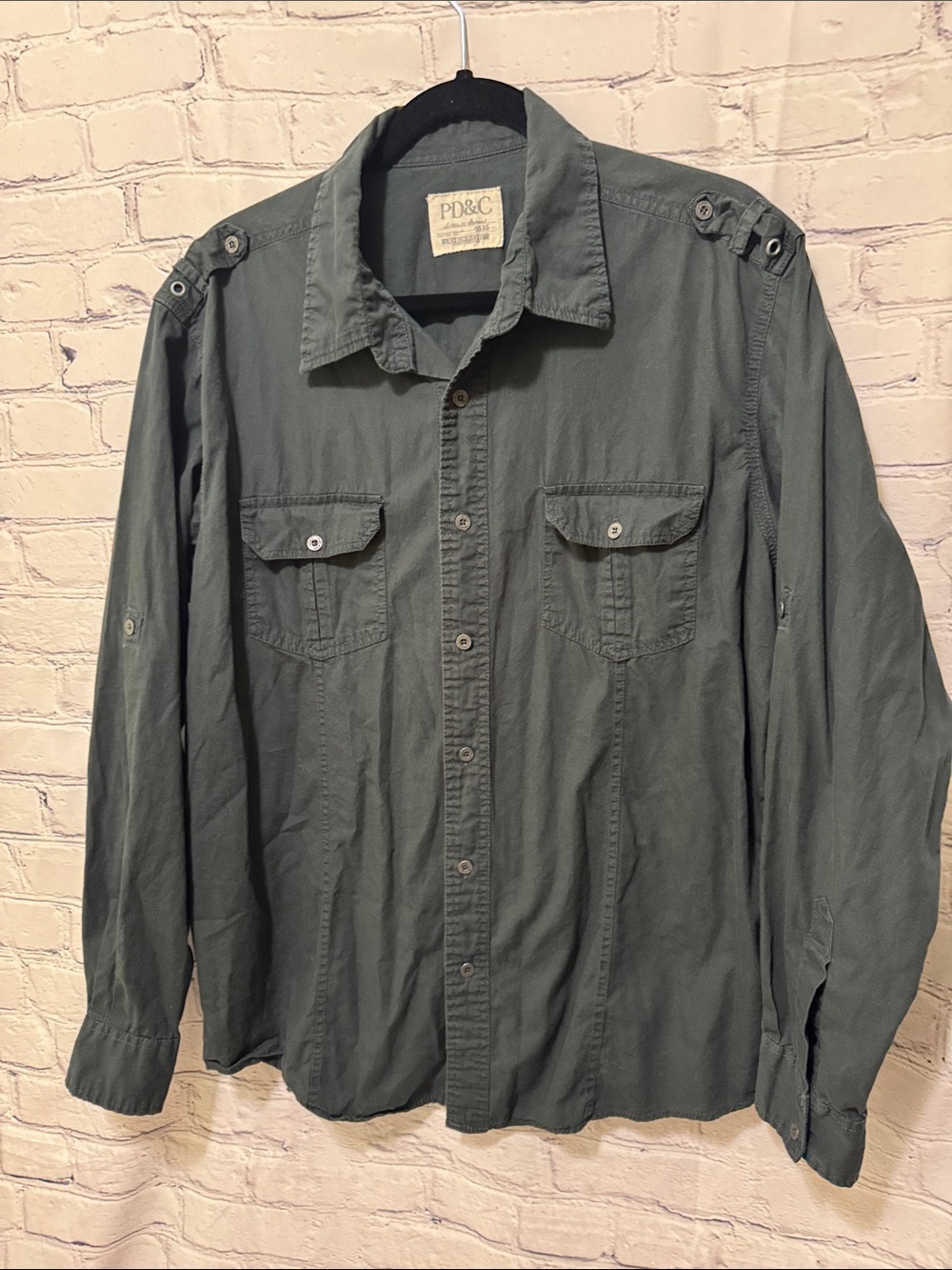 Like new PD&C Men’s Charcoal button-down shirt shoulder epaulets, arm roll-tabs